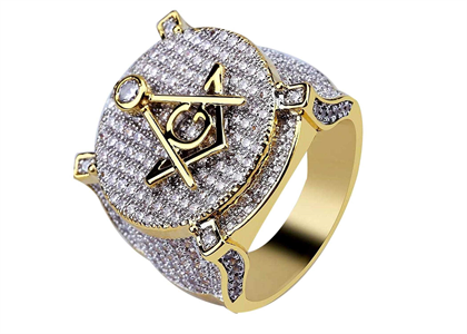 Micro Pave Masonic Signet Iced Out Gold Plated Ring